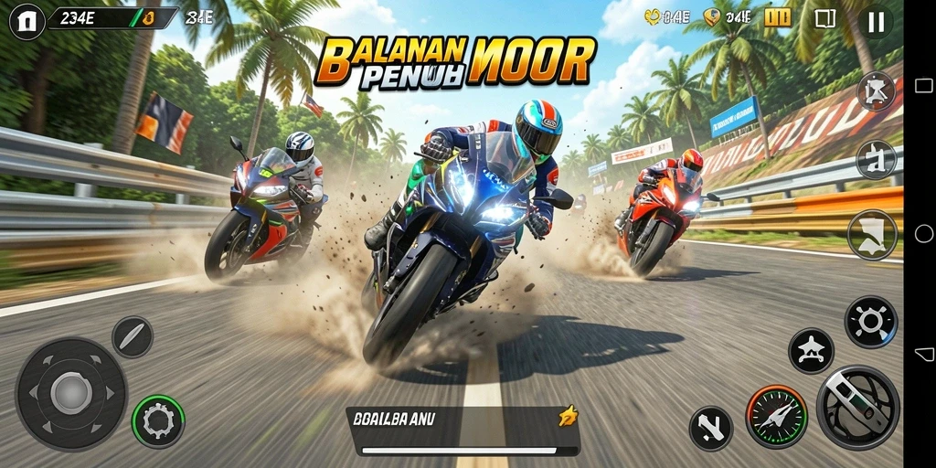 Gameplay seru balapan motor di 234E dengan trek menantang.