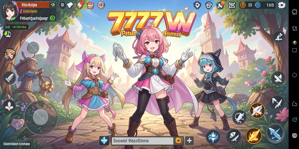 Screenshot utama 7777W yang menampilkan aksi pertempuran dan karakter anime.