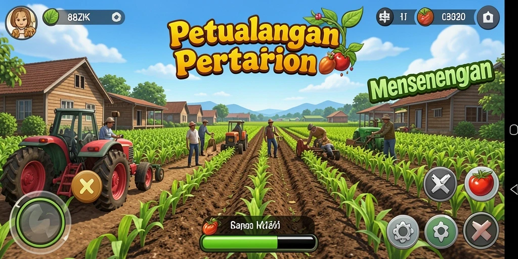 Tampilan gameplay 8ZK dengan ladang pertanian yang subur dan tanaman yang sedang tumbuh.