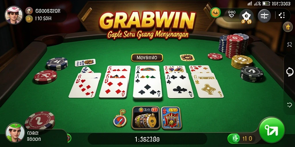 Screenshot permainan GRABWIN menampilkan antarmuka gaple yang menarik.