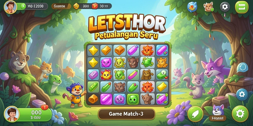 Screenshot gameplay LETSTHOR yang menunjukkan tantangan Match-3.