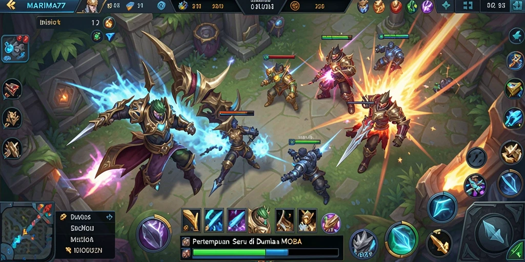 Screenshot utama MARIMA77 menampilkan aksi pertempuran seru di arena MOBA.