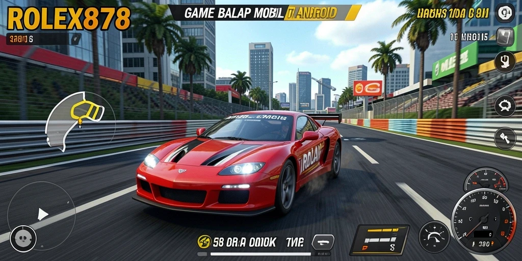Screenshot gameplay ROLEX878 yang menunjukkan aksi balap penuh adrenalin.